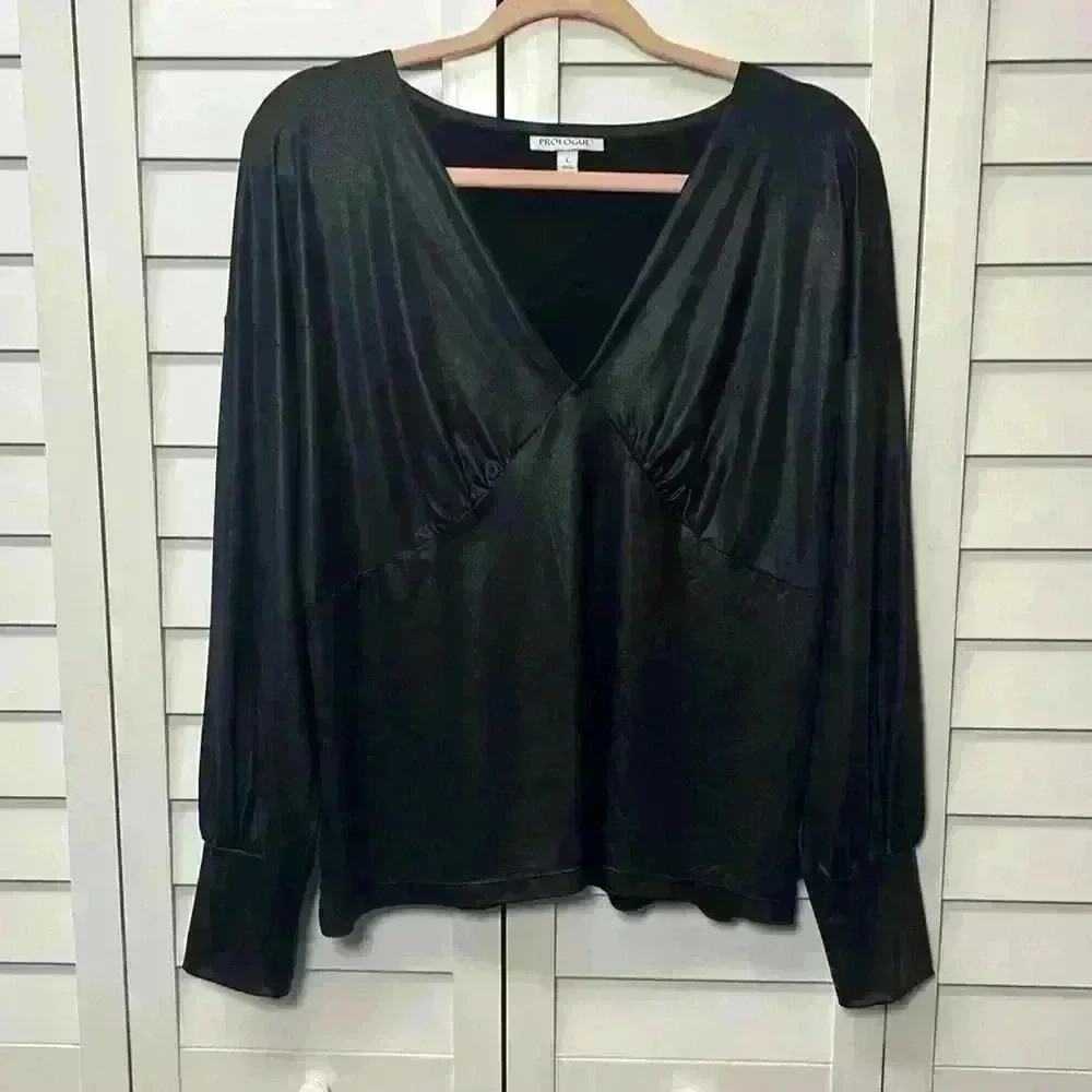 Prologue Deep V-Neck Long Sleeve Top Size Large Black